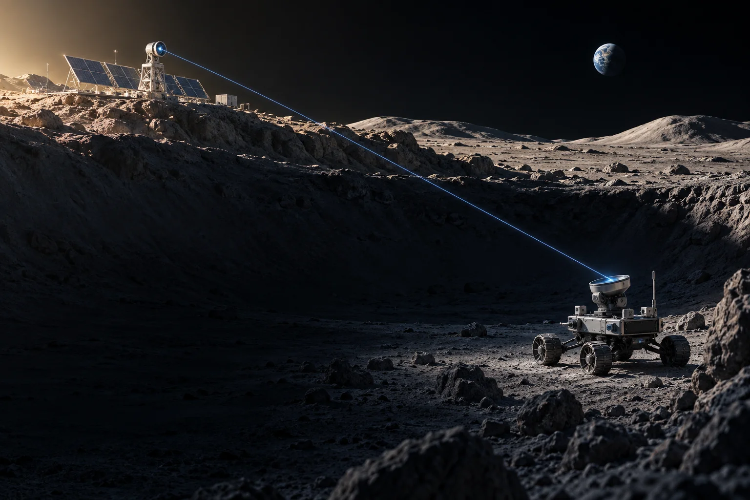 Lunar power-link concept: a station on a sunlit ridge supplies a rover with an unobstructed optical path