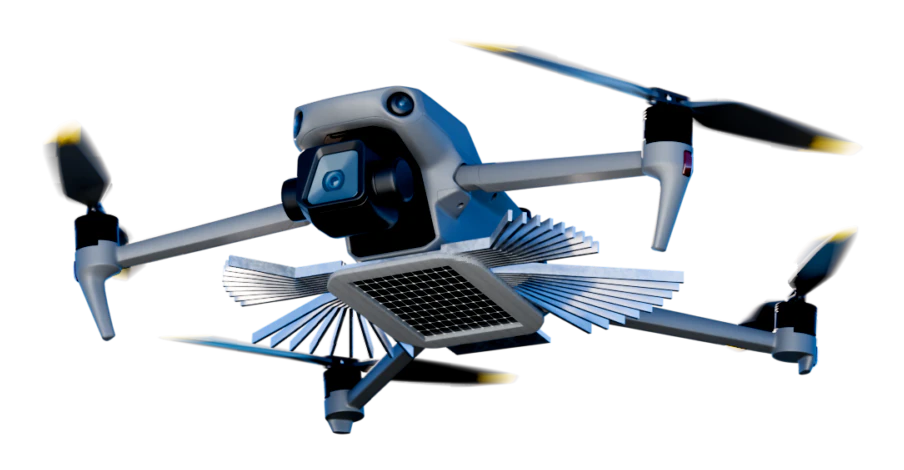 Concept render of an airborne optical receiver mounted beneath a quadrotor